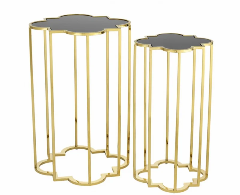 Casa Padrino Luxus Art Deco Designer Beistelltische 2er Set Gold mit schwarzem Glas, 40x40x60 cm und 30x30x55 cm