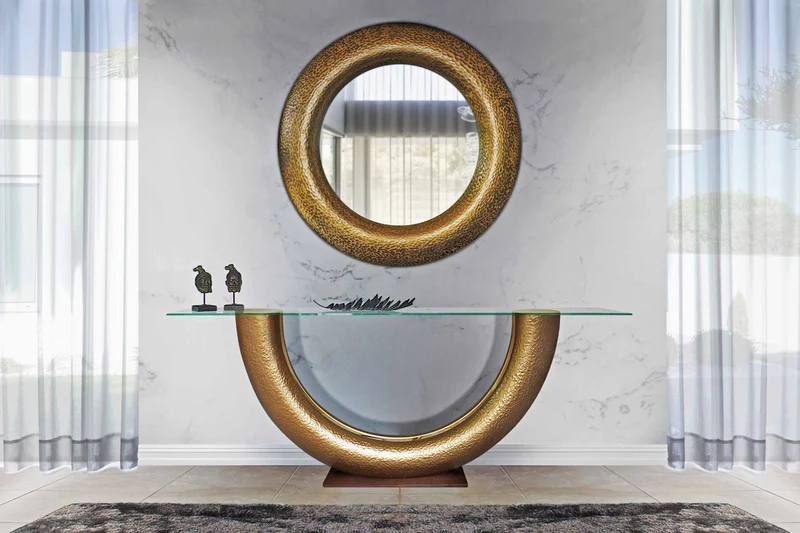 Casa Padrino Luxus Konsole Gold / Dunkelbraun 230 x 45 x H. 86 cm - Konsolentisch mit Glasplatte - Wohnzimmer Möbel - Hotel Möbel - Luxus Kollektion