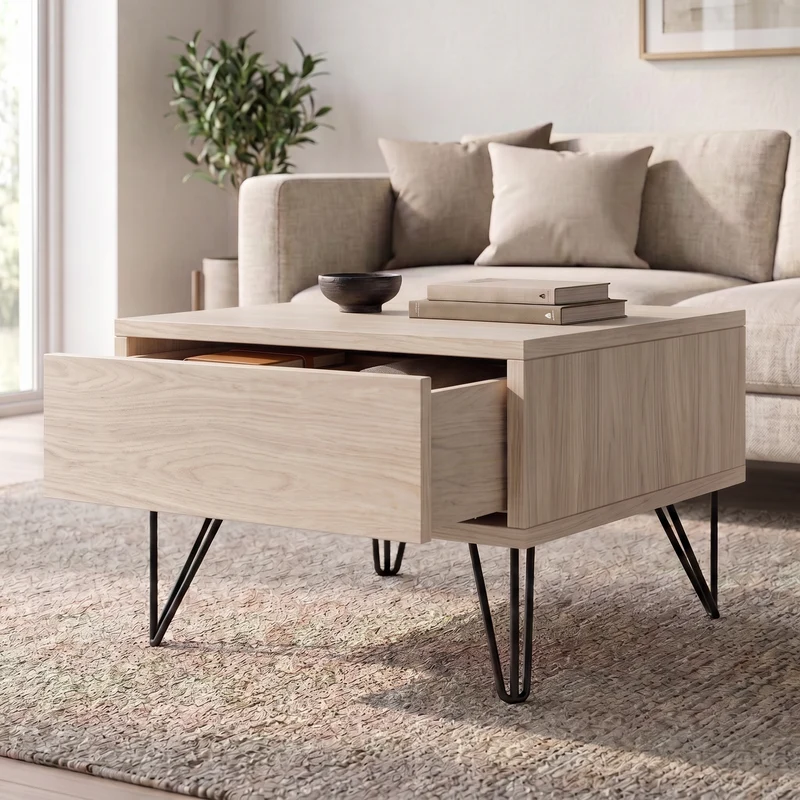 Couchtisch Eiche Premium 50cm - Invisible geölt mit Schublade schwarze Stahlfüße