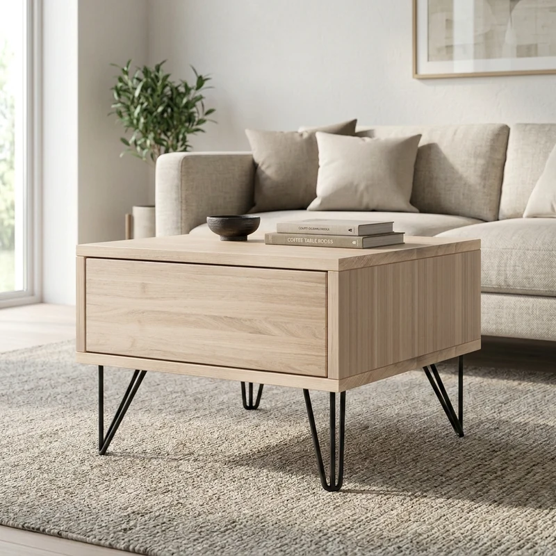Couchtisch Eiche Premium 50cm - Invisible geölt mit Schublade schwarze Stahlfüße