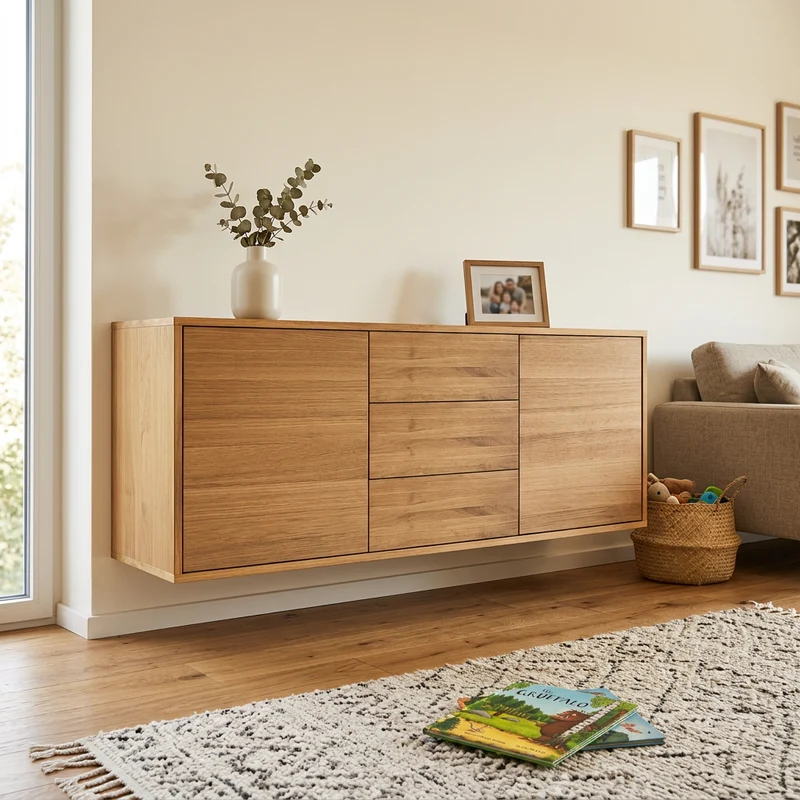 Sideboard Eiche Premium "Schmale Fuge" Natur geölt 180cm - hängende Variante mit Keilleiste
