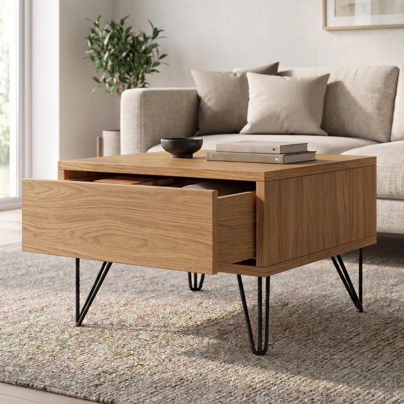 Couchtisch Eiche Premium 50cm - Natur geölt mit Schublade schwarze Stahlfüße