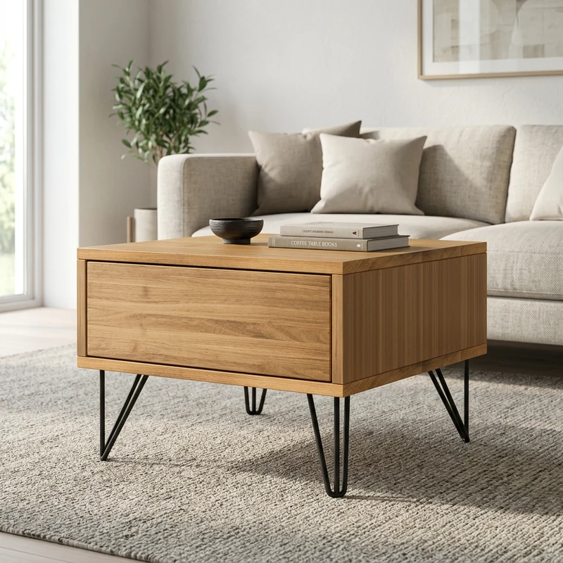 Couchtisch Eiche Premium 50cm - Natur geölt mit Schublade schwarze Stahlfüße