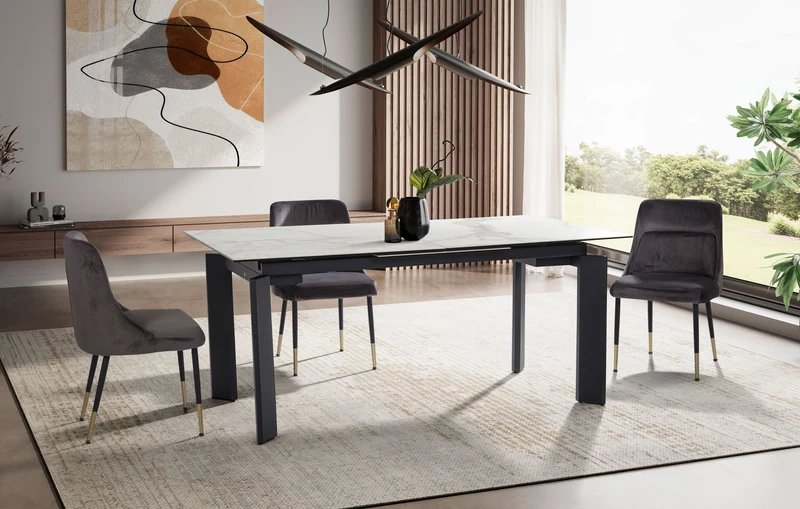 Esstisch 180x95cm ausziehbar Keramik Glas Weiß Marmor-Optik Metallbeine