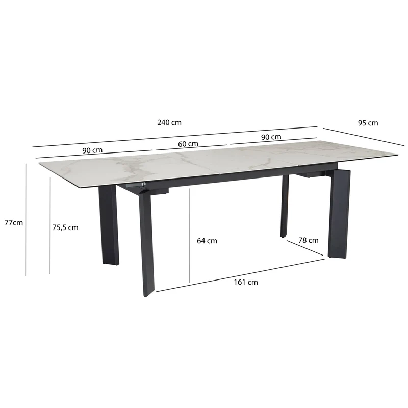 Esstisch 180x95cm ausziehbar Keramik Glas Weiß Marmor-Optik Metallbeine