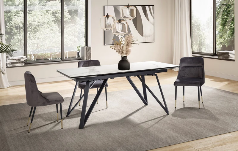 Esstisch 180-260cm ausziehbar Keramik Glas Marmoroptik Weiß Metallbeine