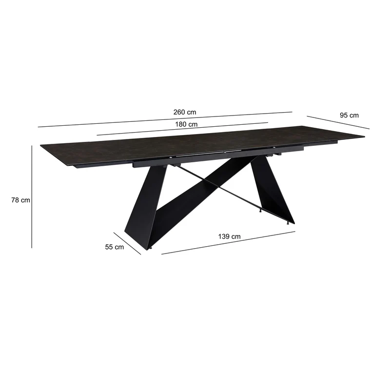 Esstisch 180-260cm Ausziehbar Keramik Glas Schwarz Metallbeine
