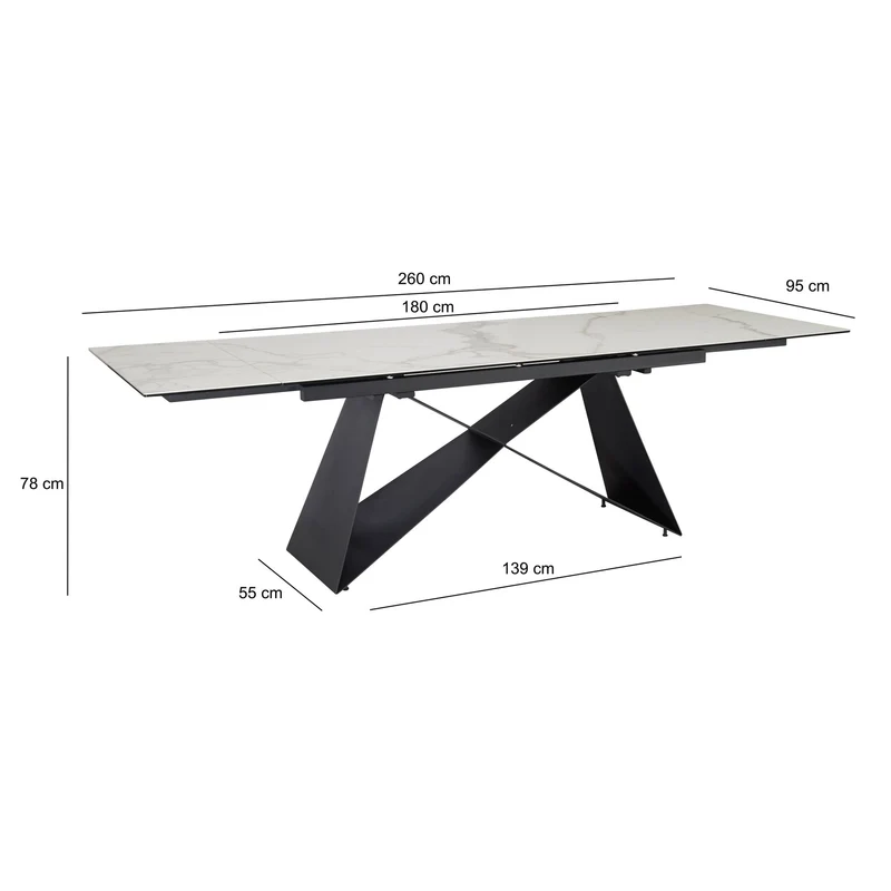 Esstisch 180-260cm ausziehbar Keramik Glas Marmoroptik Weiß Metallbeine