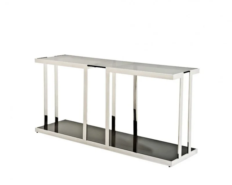 Casa Padrino Luxus Art Deco Konsole aus rostfreiem Stahl und Glas, 150 x 40 x H. 74 cm, polierter Stahl / Rauchglas / schwarzes Glas
