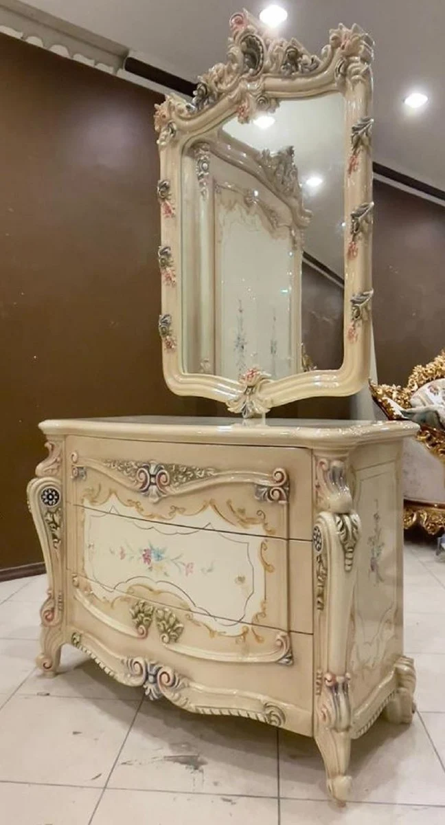 Casa Padrino Luxus Barock Kommode mit Wandspiegel Beige / Creme / Mehrfarbig