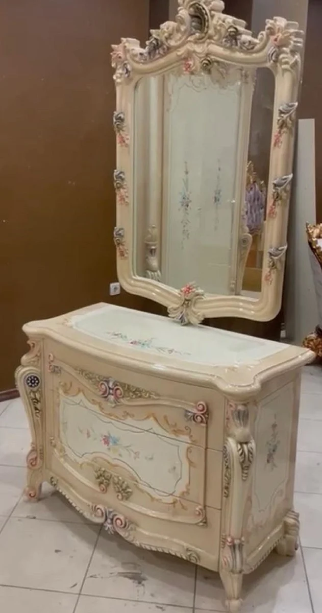 Casa Padrino Luxus Barock Kommode mit Wandspiegel Beige / Creme / Mehrfarbig