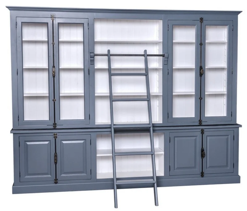 Casa Padrino Landhausstil Bücherschrank mit Leiter Blau / Weiß 300 x 50 x H. 230 cm - Landhausstil Möbel