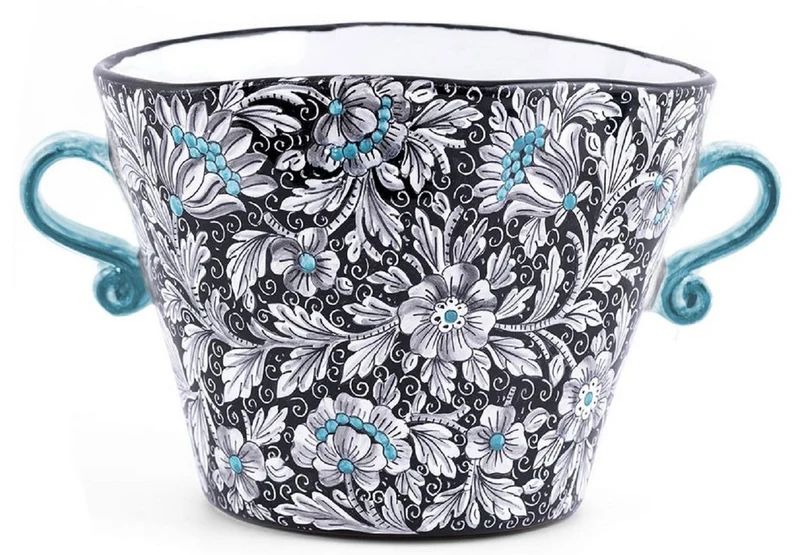 Casa Padrino Luxus Keramik Blumentopf mit 2 Tragegriffen Schwarz / Mehrfarbig Ø 27 x H. 20 cm - Handgefertigter & handbemalter Keramik Pflanzentopf - Luxus Qualität - Made in Italy