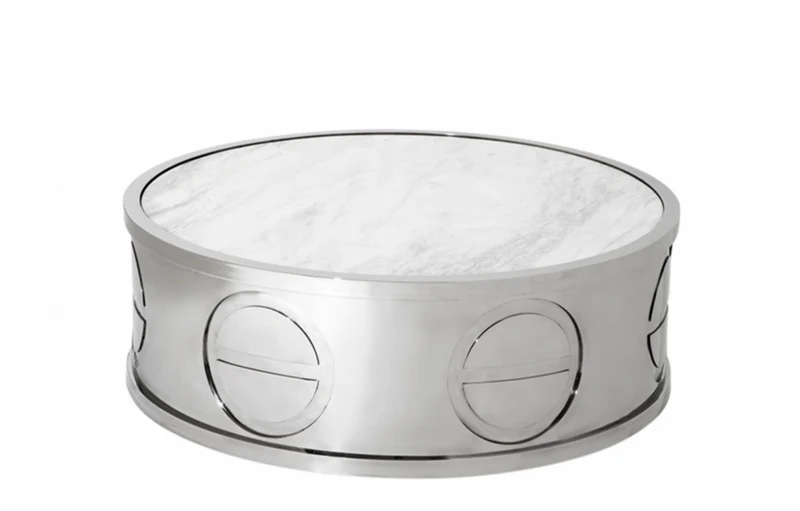 Casa Padrino Luxus Art Deco Designer Couchtisch mit Marmorplatte - Rund 100 x H. 32 cm - Wohnzimmertisch aus Edelstahl und Marmor