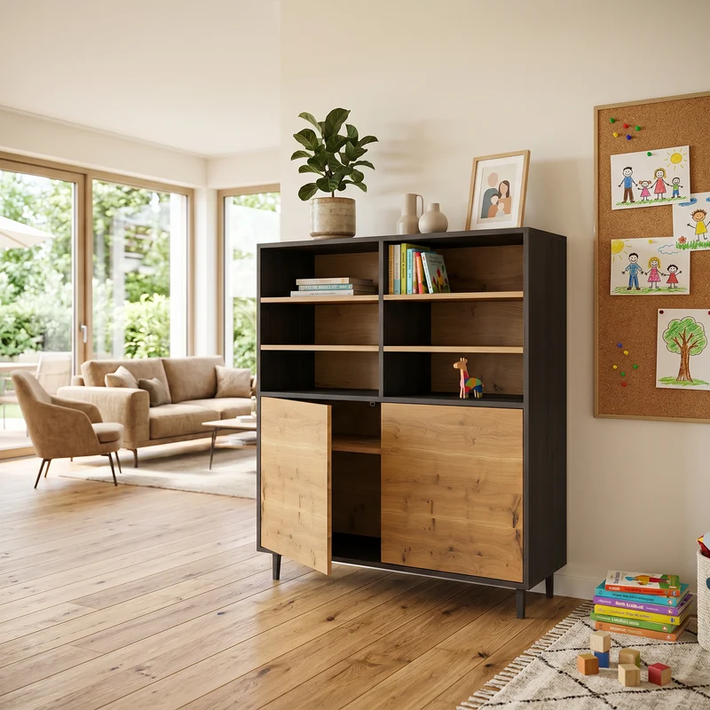 Highboard Eiche Rustikal Schmale Fuge - Natur/Schwarz geölt 120cm