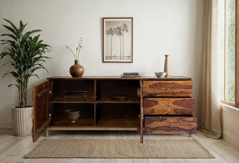 Sideboard Sheesham Massivholz 180cm 2 Türen 3 Schubladen Goldgestell