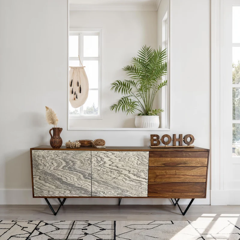 Sideboard Sheesham Massivholz 175x71x40cm Steinoptik Weiß Modern