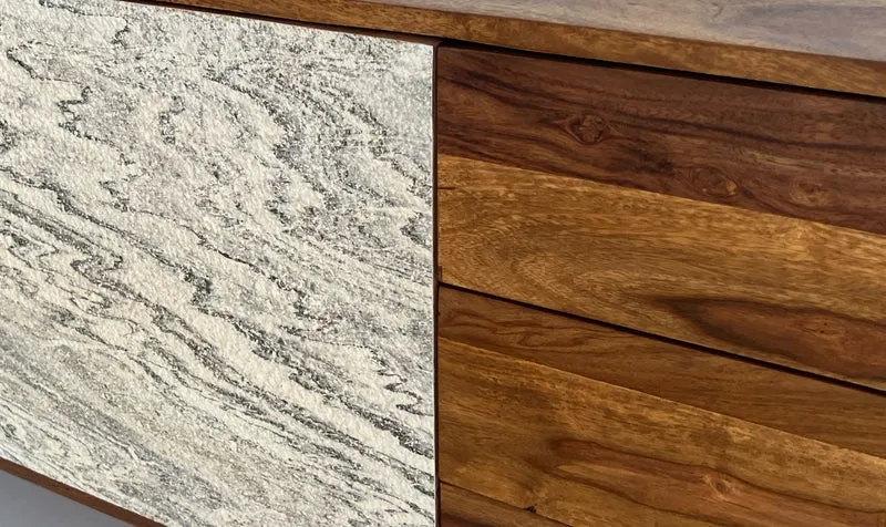 Sideboard Sheesham Massivholz 175x71x40cm Steinoptik Weiß Modern