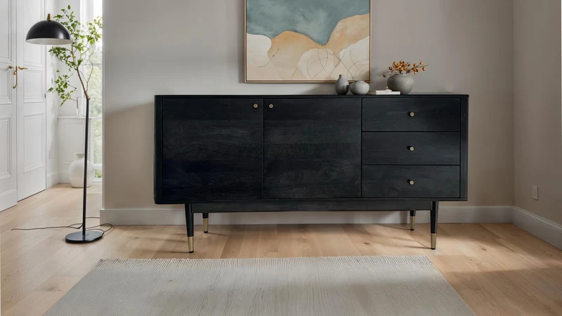 Sideboard Akazie Massivholz 160x81x42cm Schwarz Modern 2 Türen 3 Schubladen