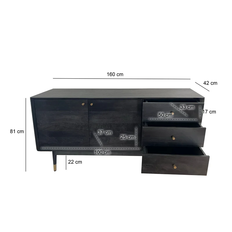 Sideboard Akazie Massivholz 160x81x42cm Schwarz Modern 2 Türen 3 Schubladen