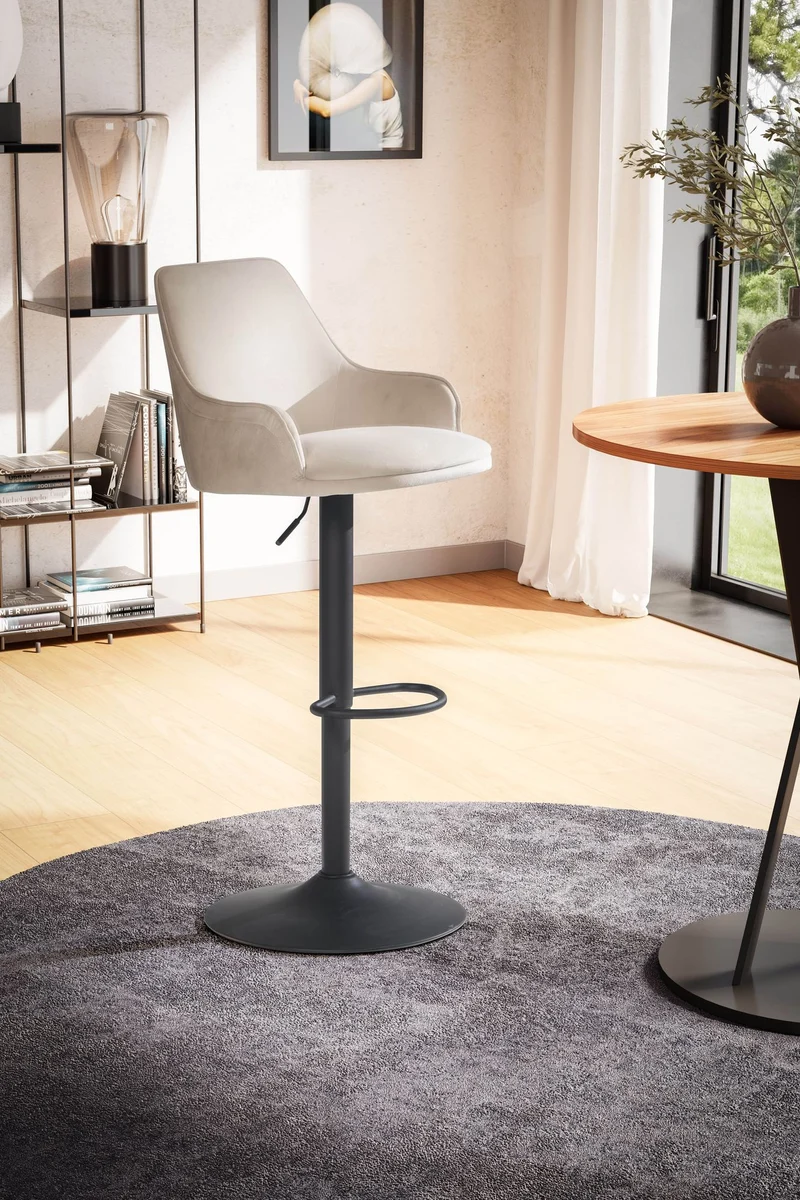 Barhocker Samt Beige höhenverstellbar Metallfuß gepolstert mit Lehne