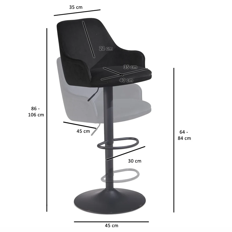 Barhocker Samt Schwarz höhenverstellbar 86-106cm Metallfuß gepolstert