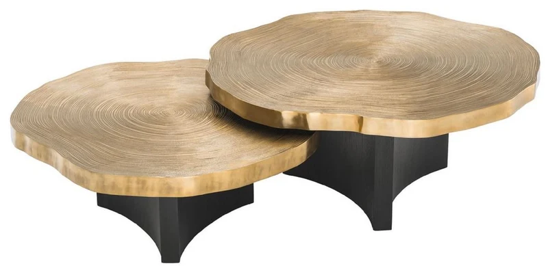 Casa Padrino Luxus Couchtisch Set Messingfarben / Schwarz - Luxuriöse Wohnzimmertische mit Tischplatten im Baumscheiben Design
