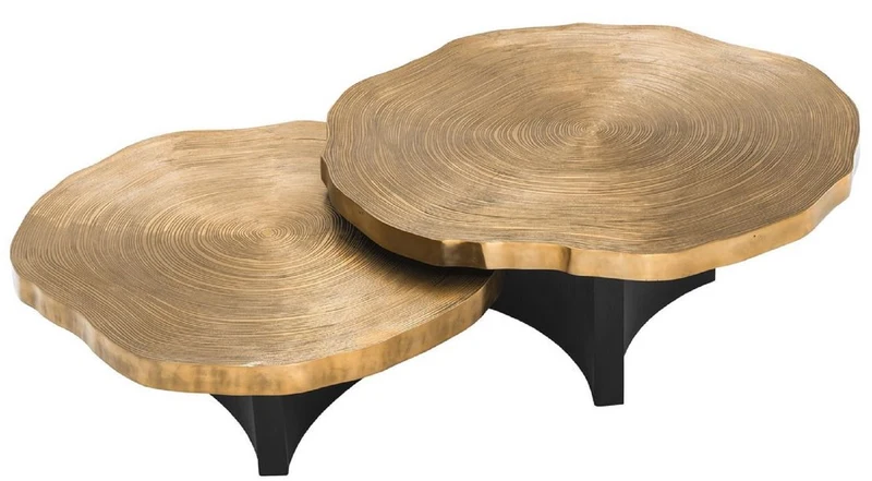 Casa Padrino Luxus Couchtisch Set Messingfarben / Schwarz - Luxuriöse Wohnzimmertische mit Tischplatten im Baumscheiben Design