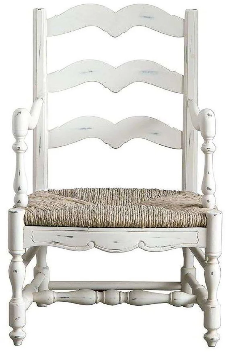 Casa Padrino Luxus Landhausstil Shabby Chic Esszimmer Stuhl mit Armlehnen Antik Weiß / Naturfarben 55 x 50 x H. 90 cm - Luxus Esszimmer Möbel im Landhausstil