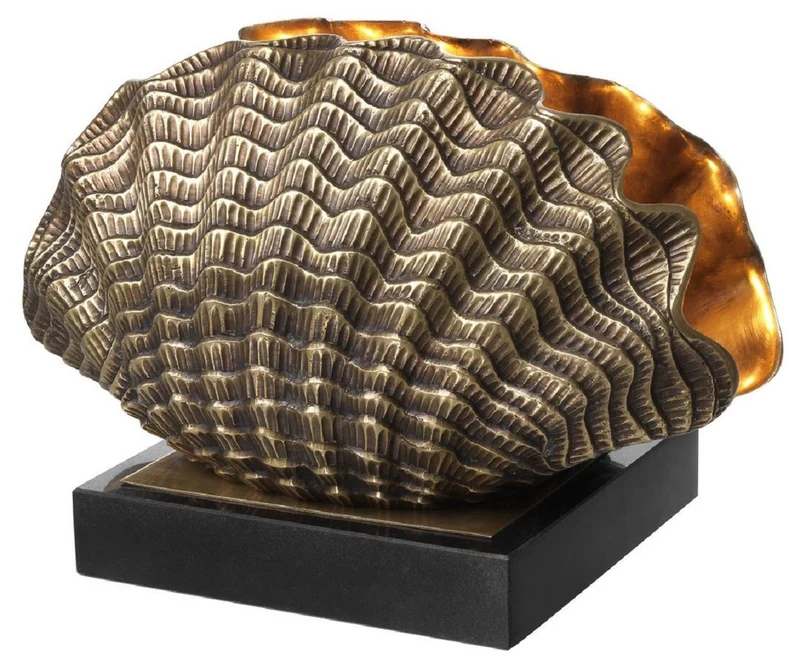 Casa Padrino Luxus Tischleuchte in Muschelform Vintage Messing / Schwarz 33 x 21 x H. 22 cm - Tischlampe mit Granitsockel