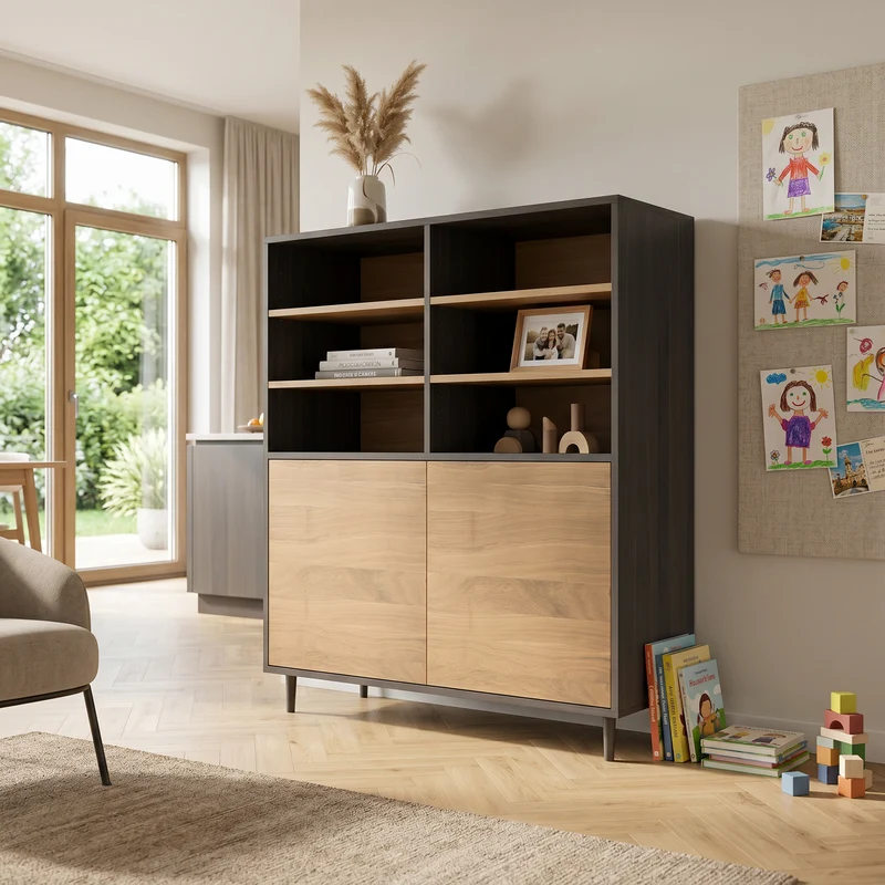 Highboard Eiche Premium Schmale Fuge - Natur/Schwarz geölt 120cm