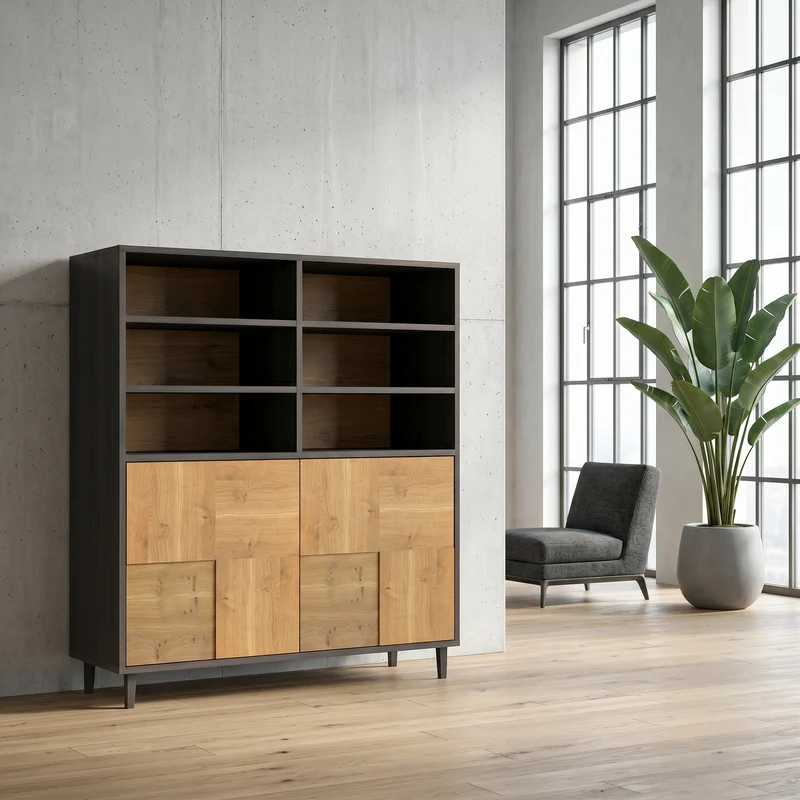 Highboard Eiche Rustikal Mosaik - Natur/Schwarz geölt 120cm