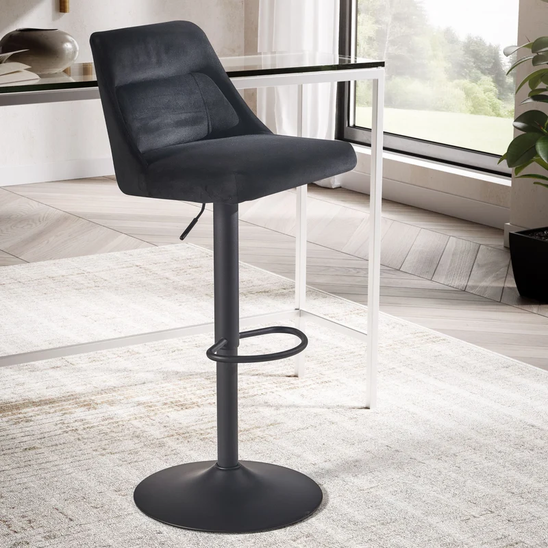 Barhocker Samt Schwarz höhenverstellbar 86-106cm Metallfuß gepolstert