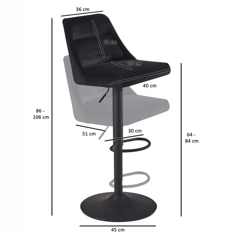 Barhocker Samt Schwarz höhenverstellbar 86-106cm Metallfuß gepolstert