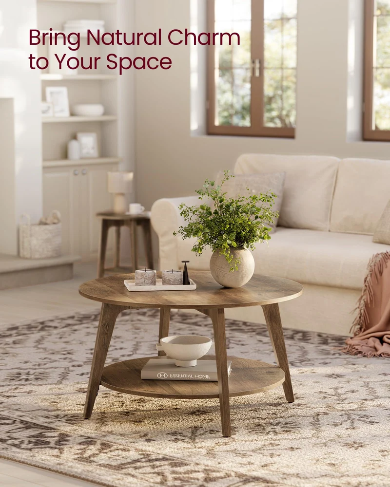 VASAGLE MAEZO Collection - Round Coffee Table, 2-Tier Center Table with Storage, Tapered Legs, Curved Transitions, 80 x 45 cm, Easy Assembly, for Living Room, Honey Brown ULCT243K41 🍁 All In One Marketplace Canada
