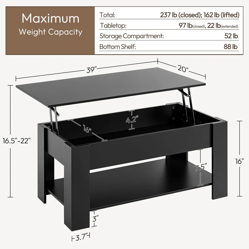 Yaheetech Coffee Table with Storage, Lift Top, 98cm L, Black 🍁 All In One Marketplace Canada