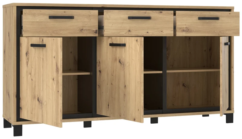 Sideboard TRONDHEIM 3-trg. 3 Schubladen Artisan / Schwarzeiche Optik