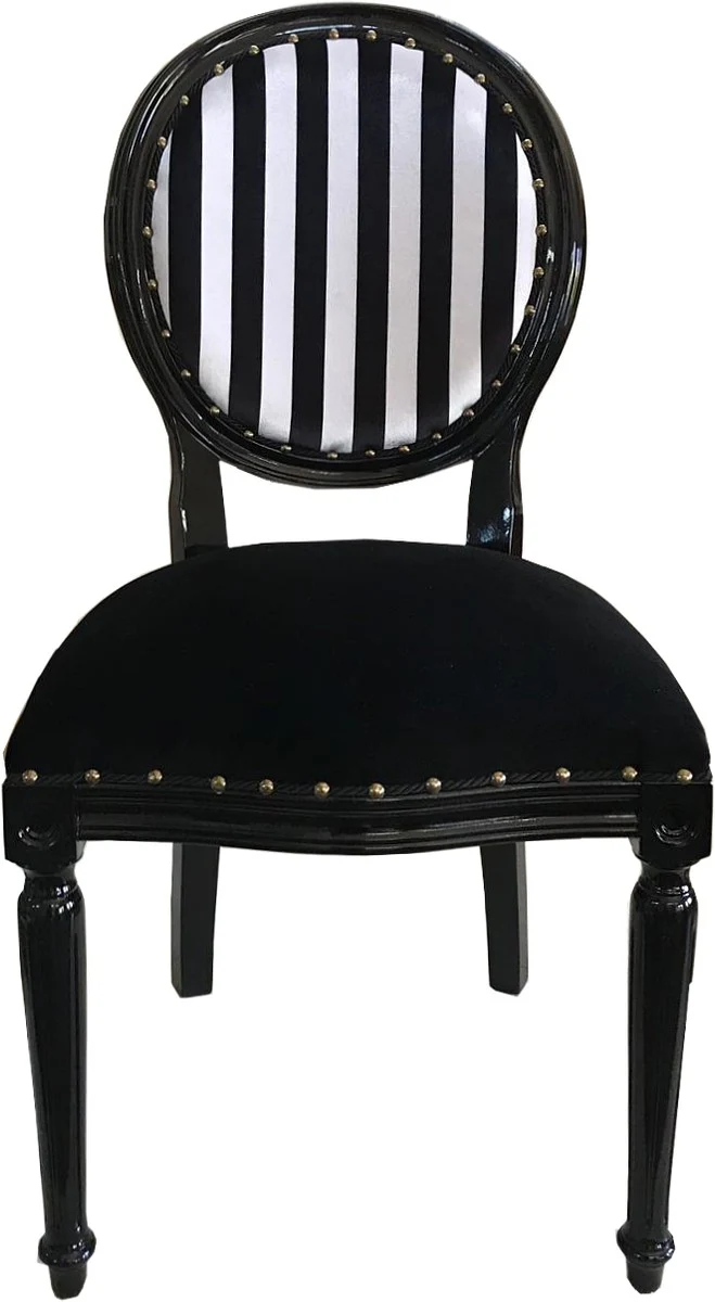 Casa Padrino Luxus Barock Medaillon Esszimmer Stuhl Schwarz Weiß Streifen / Schwarz - Möbel