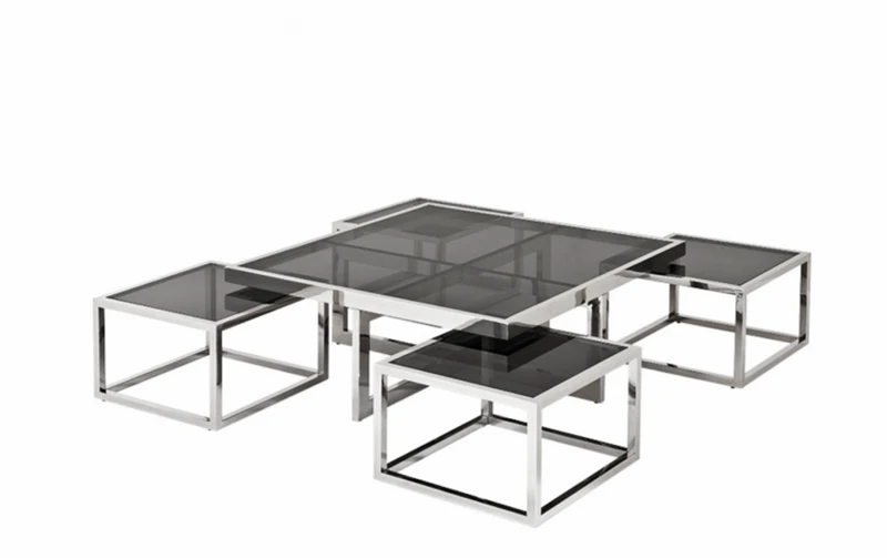 Casa Padrino Luxus Art Deco Designer Couchtisch 5er Set - Rauchglas - Polierter rostfreier Stahl - 100 x 100 x H. 40 cm / 48 x 48 x H. 33 cm