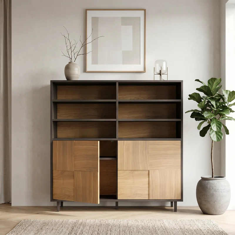 Highboard Eiche Premium Mosaik - Natur/Schwarz geölt 120cm