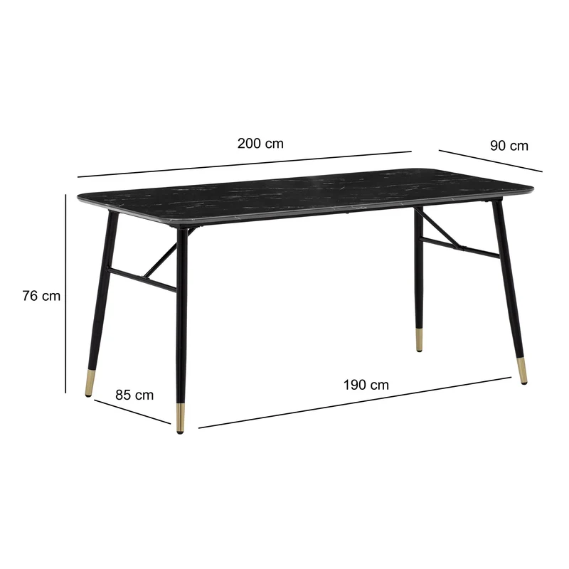 Esszimmertisch 200x90 Marmor-Optik Schwarz Metallbeine Modern