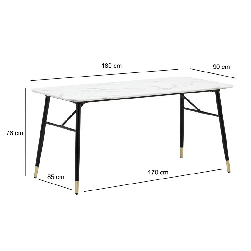 Esszimmertisch 180x90 Marmor-Optik Weiß Metallbeine Modern