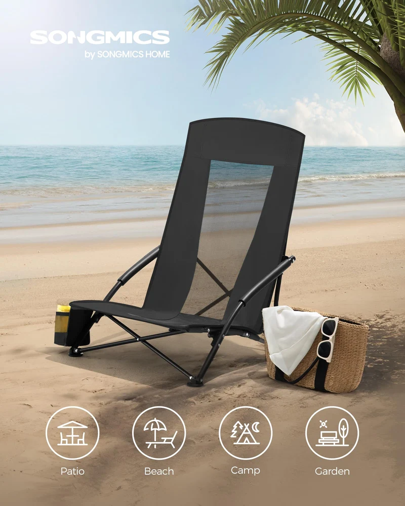 SONGMICS Set of 2 Portable Beach Chairs for Adults, Max. Load 330 lb Each, High Backrest, Cup Holder, Lightweight, Heavy-Duty, Black UGCB067B01V1 🍁 All In One Marketplace Canada