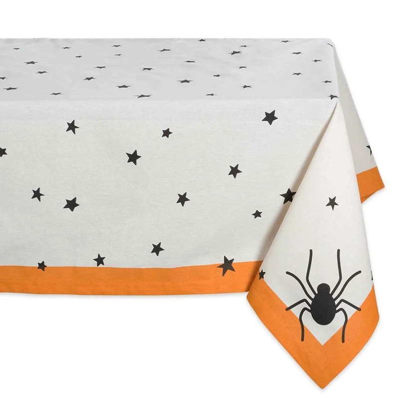 DII 100% Cotton, Machine Washable, Printed Halloween Tablecloth 52 x 52, Seats 4 People, Black Stars & Spiders