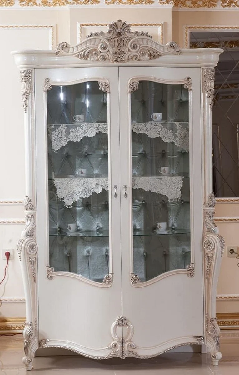 Casa Padrino Luxus Barock Vitrine Creme / Weiß / Silber H. 220 cm