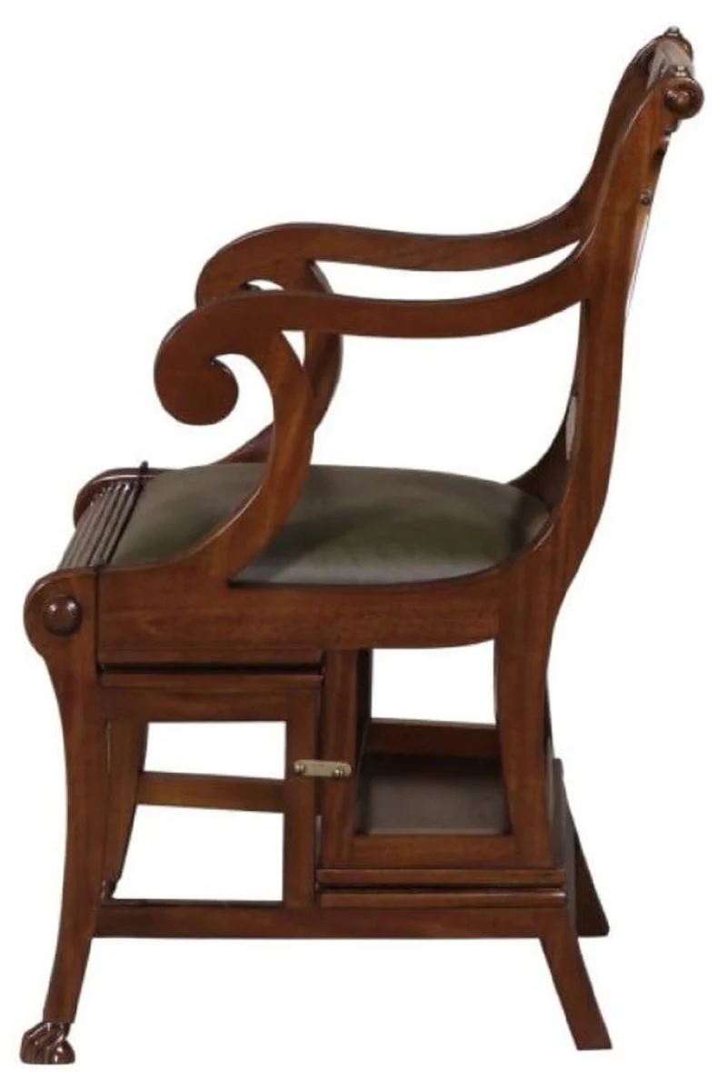 Casa Padrino Barock Leiterstuhl mit Echtleder Dunkelbraun / Grün 61,3 x 59,1 x H. 87,8 cm - Mahagoni Stuhl mit Armlehnen - Barockmöbel