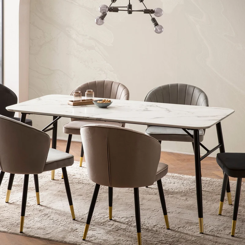 Esszimmertisch 160x80x76cm Marmor-Optik Weiß Metallbeine Modern