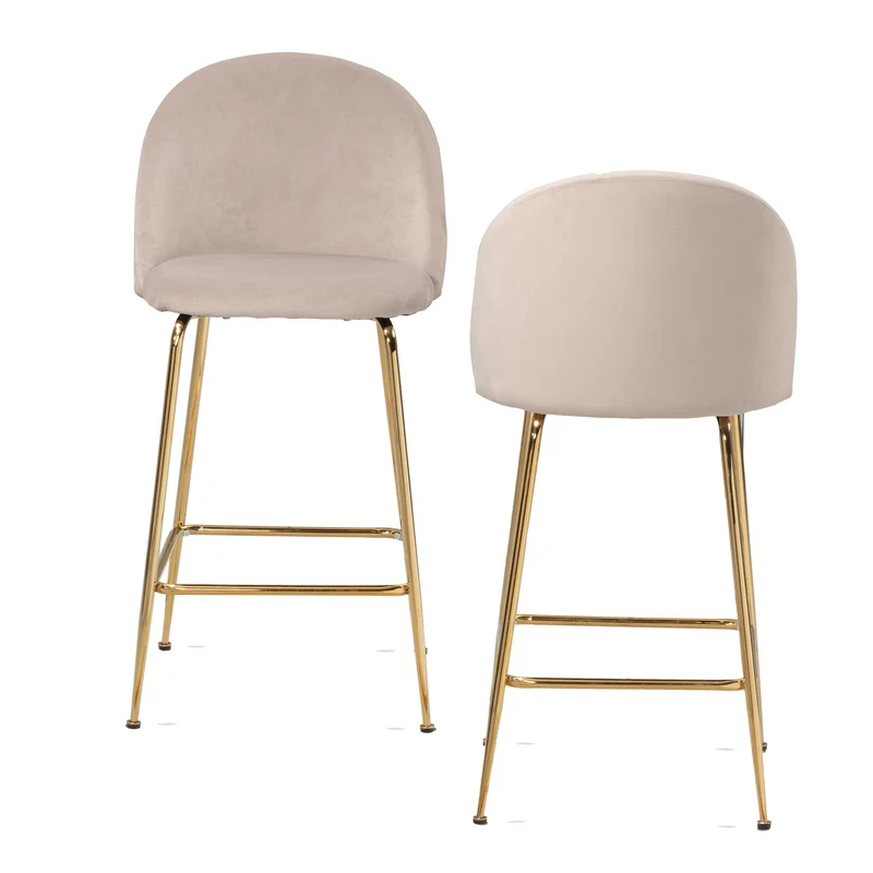 Barhocker 2er Set Samt Beige mit Lehne Goldbeine Skandinavisch 110kg