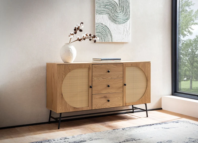 Sideboard 140x80x40cm Eiche-Dekor Rattan Modern 2 Türen 3 Schubladen