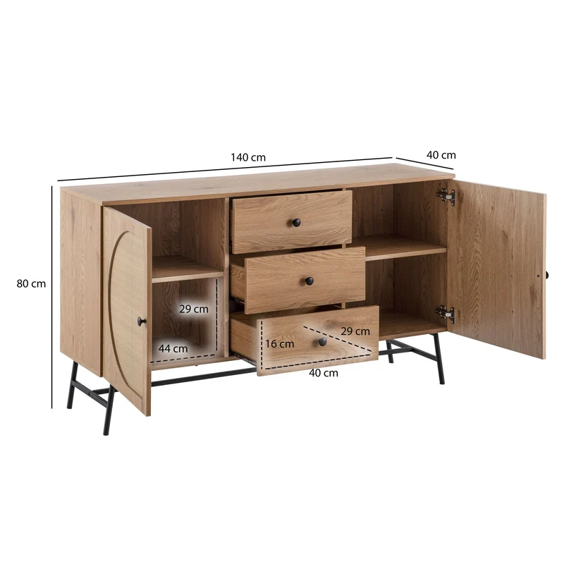 Sideboard 140x80x40cm Eiche-Dekor Rattan Modern 2 Türen 3 Schubladen
